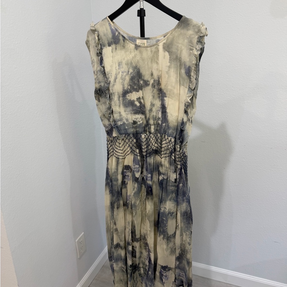Sleeveless Maxi Dress in Blue and Cream with Smocked Waistband
